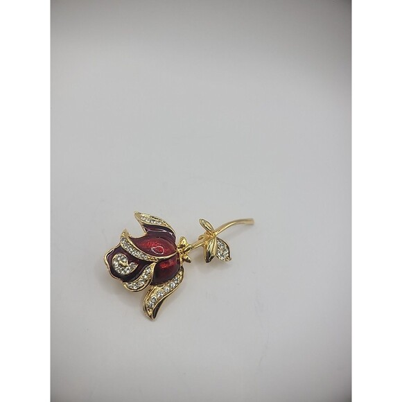 Vintage Brooch Pin Rose Flower Gold Tone Crystals Jewelry Costume - Picture 8 of 15